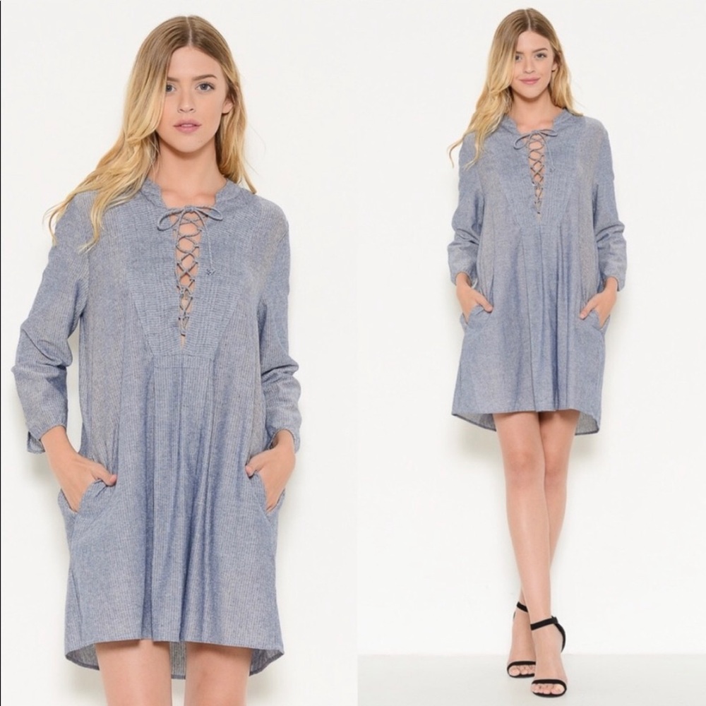Lace Up Front Long Sleeve Tunic Dress